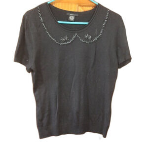 Saja Black Beaded Neckline Silk Baby Tee Short Sleeve Top Large